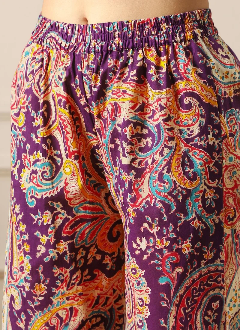 globus  Globus Women Purple Paisley Ethnic Print Lace Detail V-Neck Sleeveless A-Line Kurta & Pant Fusion Set for Women | Best Price UAE